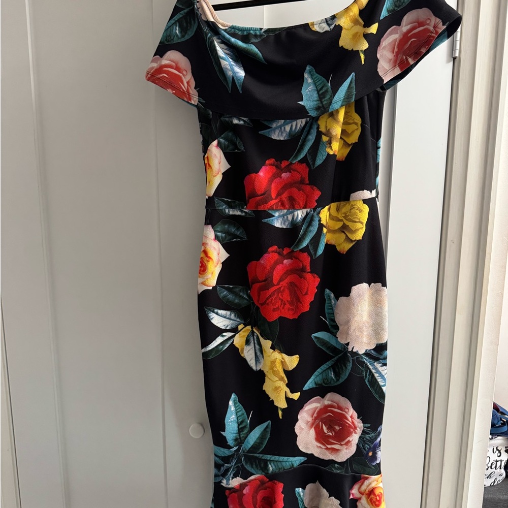 Off-Shoulder Black Floral Midi Dress - Red & Yellow Rose Print
